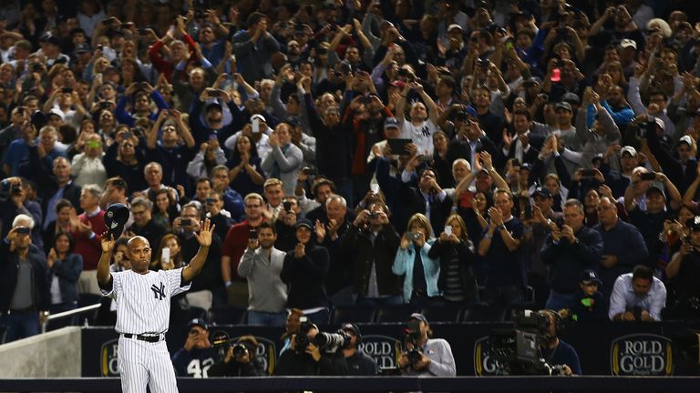 Mariano Rivera #42 of the New York Yankees waves to the crowd after leaving the game against the Tampa Bay Rays in the ninth inning  during their game on September 26, 2013 at Yankee Stadium in the Bronx borough of New York City. 