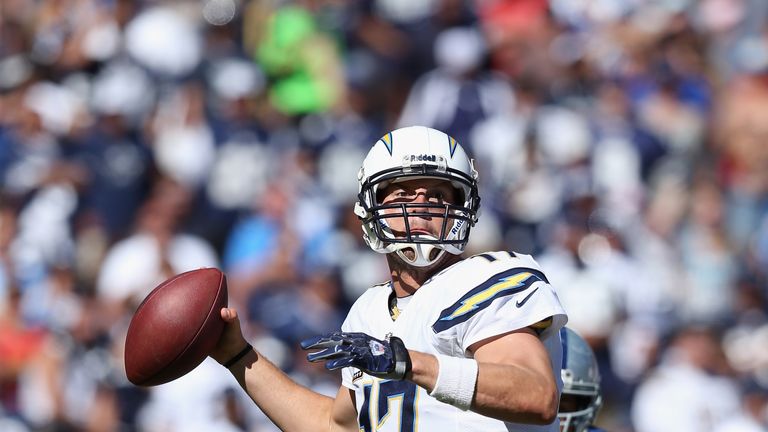 SAN DIEGO, CA - SEPTEMBER 29:  Quarterback Philip Rivers #17 of the San Diego Chargers drops back to pass against the Dallas Cowboys in the second quarter at Qualcomm Stadium on September 29, 2013 in San Diego, California.  (Photo by Jeff Gross/Getty Images)