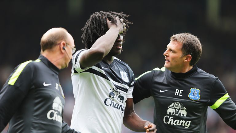 Romelu Lukaku of Everton is injured following a collision during the Barclays Premier League match between West Ham United and Everton 