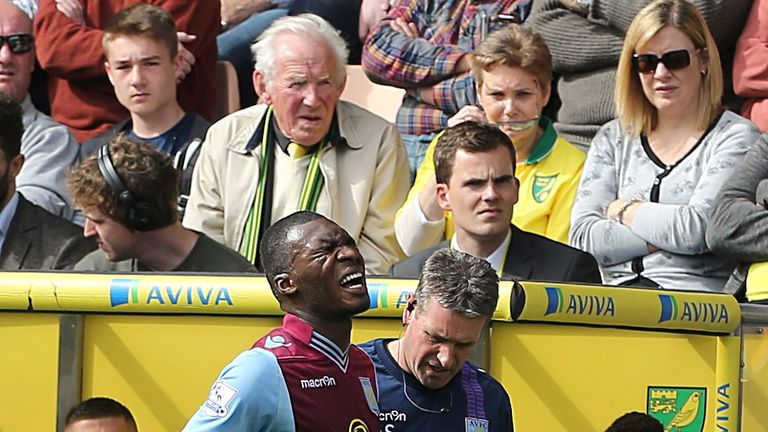 Worrying scenes for Villa fans, as Christian Benteke is forced to limp off the pitch. The Belgian is replaced by new signing Libor Kozak