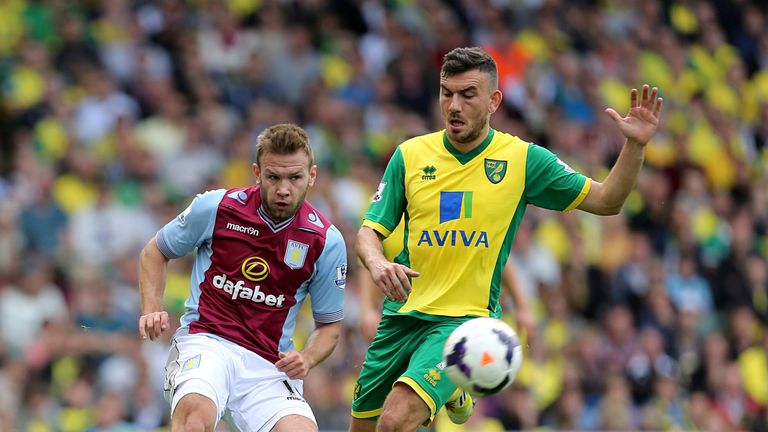 Norwich City's Robert Snodgrass and Aston Villa's Andreas Weimann battle for the ball