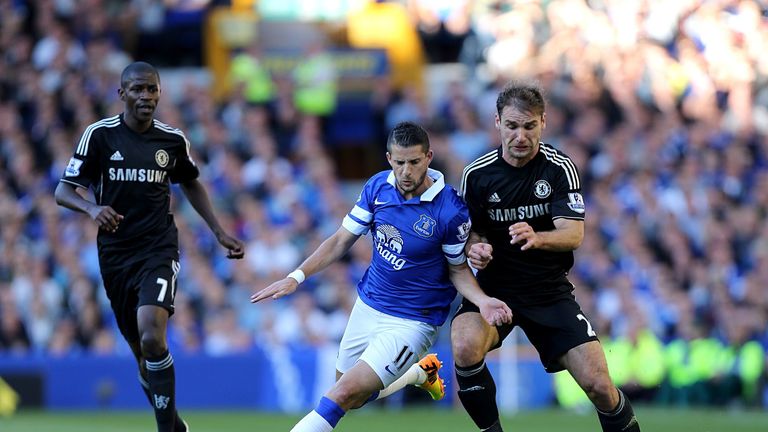Everton's Kevin Mirallas and Chelsea's Branislav Ivanovic  battle for the ball