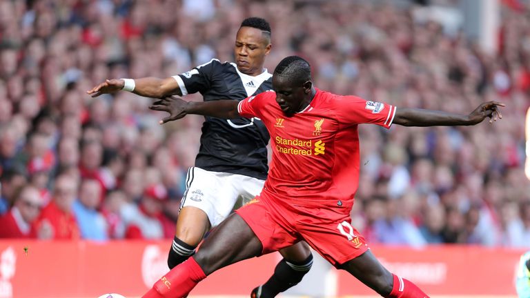 Liverpool's Mamadou Sakho and Southampton's Nathaniel Clyne battle for the ball during the Barclays Premier League match at Anfield, Liverpool.