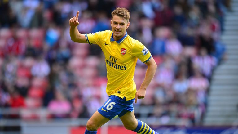 Arsenal's Aaron Ramsey celebrates his second goal during the Barclays Premier League match at the Stadium of Light, Sunderland.