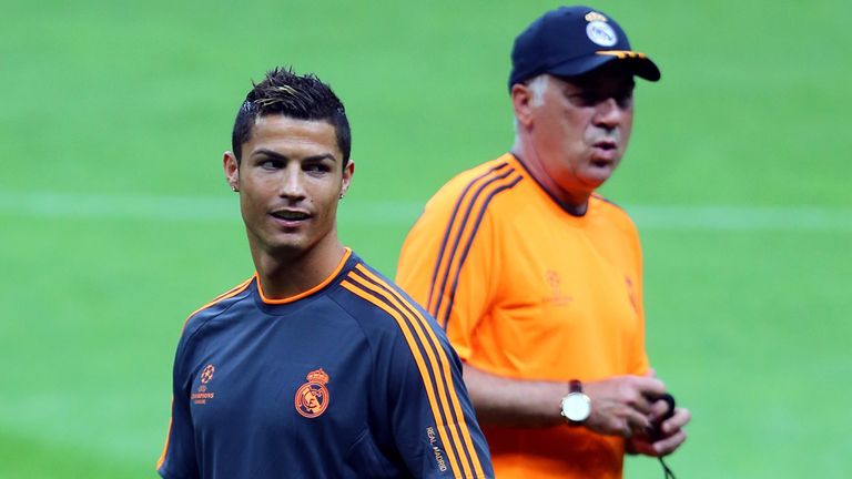 ISTANBUL, TURKEY- SEPTEMBER 16: Real Madrid's coach Carlo Ancelotti and Cristiano Rolando attend a training session ahead of their UEFA Champions League Group B match against Galatasaray AS at the Ali Sami Yen Area on September 16, 2013 in Istanbul, Turkey. (Photo by Burak Kara/Getty Images)