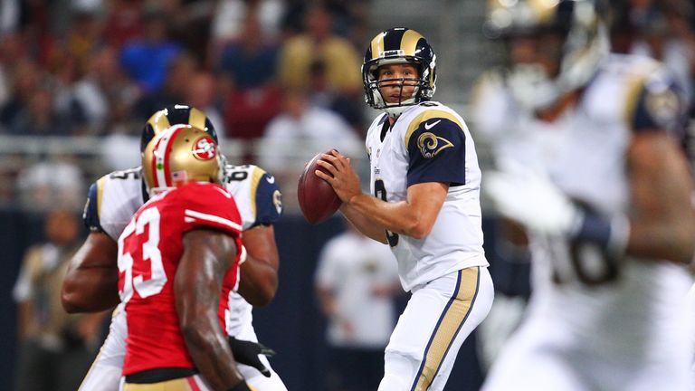 Sam Bradford #8 of the St. Louis Rams looks to pass against the San Francisco 49ers in the first quarter at Edward Jones Dome on September 26, 2013 in St Louis, Missouri. 