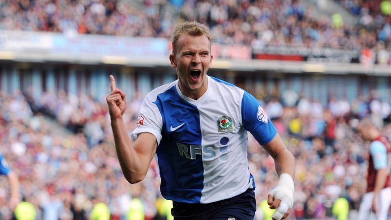 Blackburn Rovers' Jordan Rhodes celebrates after he scored the first goal of the game during the Sky Bet Championship match at Turf Moor, Burnley.