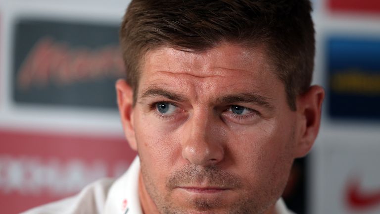 Steven Gerrard gives an interview ahead of England's Group H World Cup Qualifier match against Moldova
