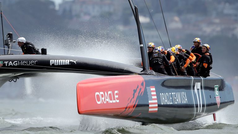 Oracle Team USA trains on the San Francisco Bay before Team Luna Rossa Challenge raced against Emirates Team New Zealand in the Louis Vuitton Cup