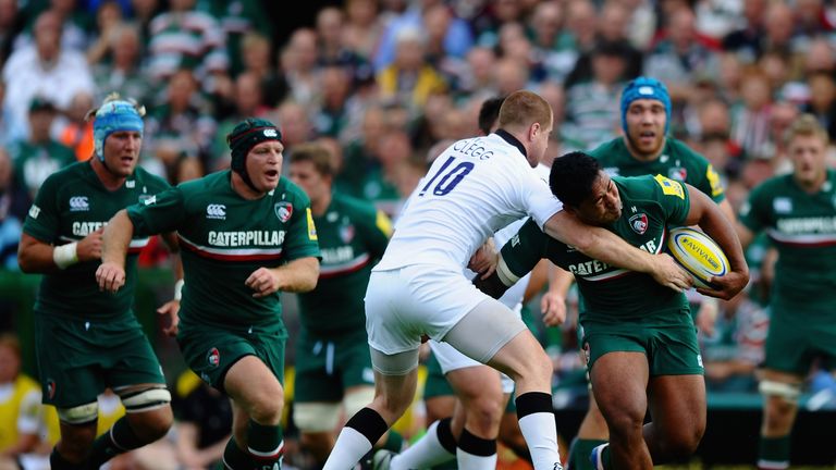 LEICESTER, ENGLAND - SEPTEMBER 21: Manusamoa Tuilagi of Leicester Tigers is tackled by Rory Clegg of Newcastle Falcons during the Aviva Premiership match between Leicester Tigers and Newcastle Falcons at Welford Road on September 21, 2013 in Leicester, England.  (Photo by Laurence Griffiths/Getty Images)