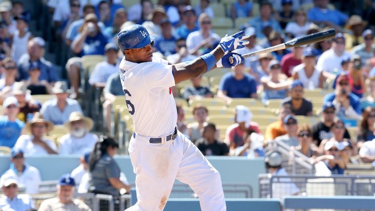 Yasiel Puig hits a home run for the Los Angeles Dodgers