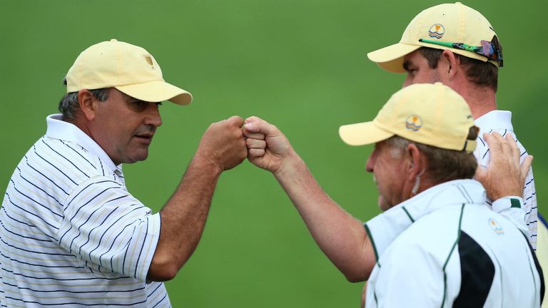 Angel Cabrera and Mark Leishman: A birdie on the 17th green helped the Internationals to a valuable point