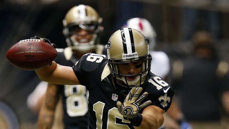 Lance Moore of the New Orleans Saints celebrates after scoring a touchdown against the Buffalo Bills at Mercedes-Benz Superdome