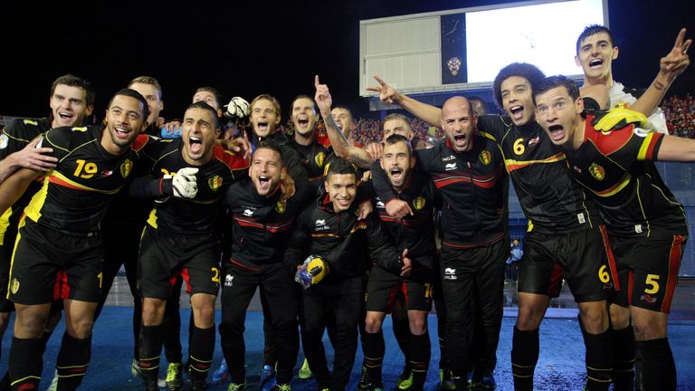 Belgium's players celebrate their victory in the 2014 FIFA World Cup Group A qualifying football match between Croatia and Belgium at the Maksimir stadium in Zagreb, Croatia, October 11 ,2013.   AFP PHOTO/STRINGER        (Photo credit should read STR/AFP/Getty Images)