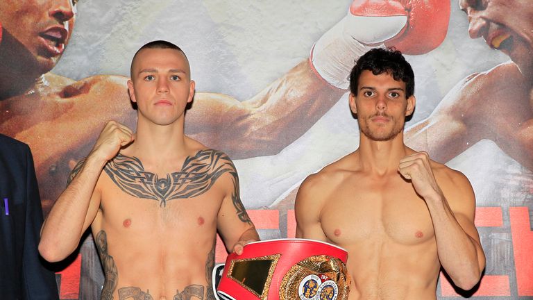 Adam Etches and Alexandre Mendes at the weigh-in ahead of their fight at the Motorpoint Arena in Sheffield (photo courtesy of Lawrence Lustig)