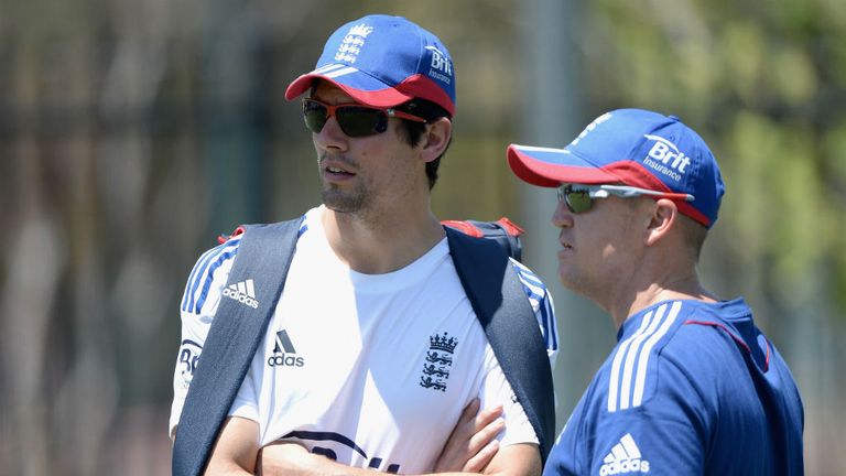 Alastair Cook and Andy Flower talk during training ahead of the 2013-14 Ashes series in Australia