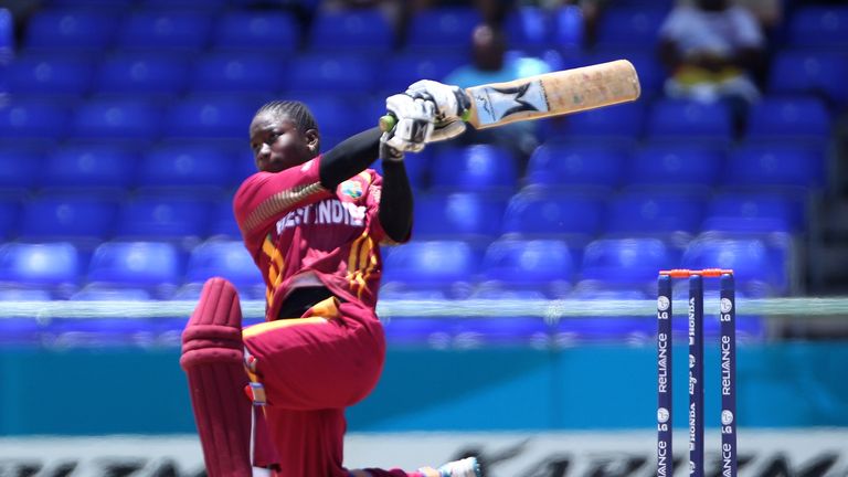 Deandra Dottin of West Indies hits to the offside on her way to an undefeated century during the ICC T20 Women's World Cup Group A match between West Indies and South Africa at Warner Park on May 5, 2010 in St Kitts, Saint Kitts And Nevis. 