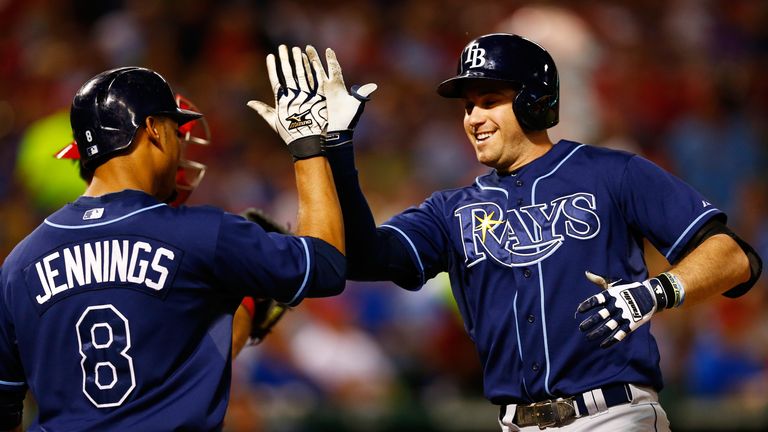 Evan Longoria (R) celebrates with Desmond Jennings  of the Tampa Bay Rays after hitting a two-run home run