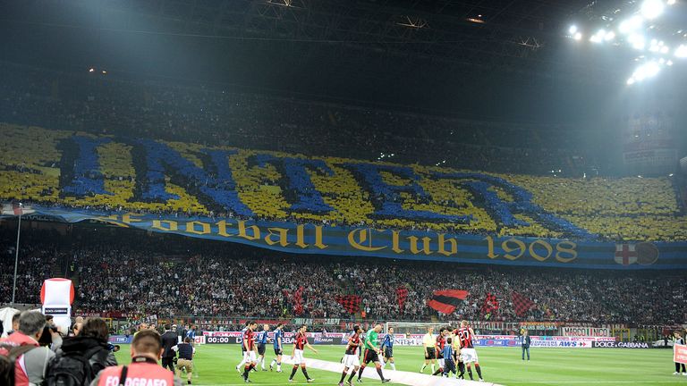 Fans of FC Inter during the Serie A match between AC Milan and FC Internazionale Milano at Stadio Giuseppe Meazza.