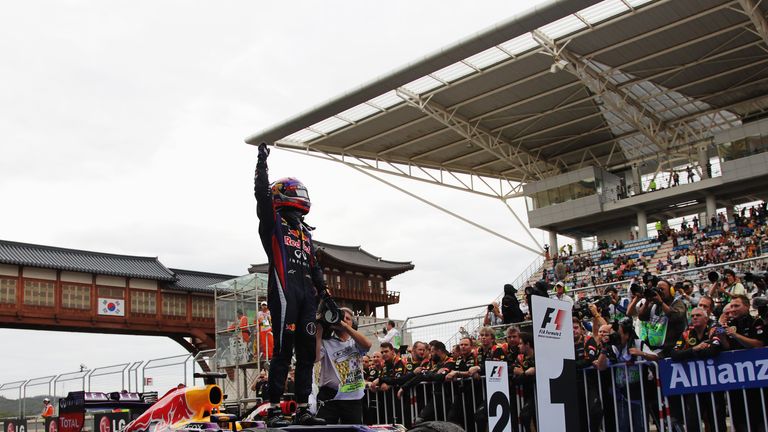 Sebastian Vettel celebrates in parc ferme