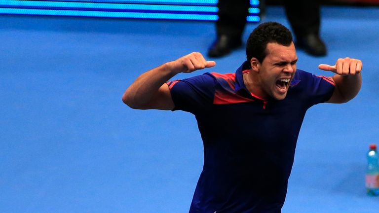 Jo-Wilfried Tsonga celebrates his victory over Dominic Thiem during their quarter-final match at the ATP Erste Bank Open in Vienna