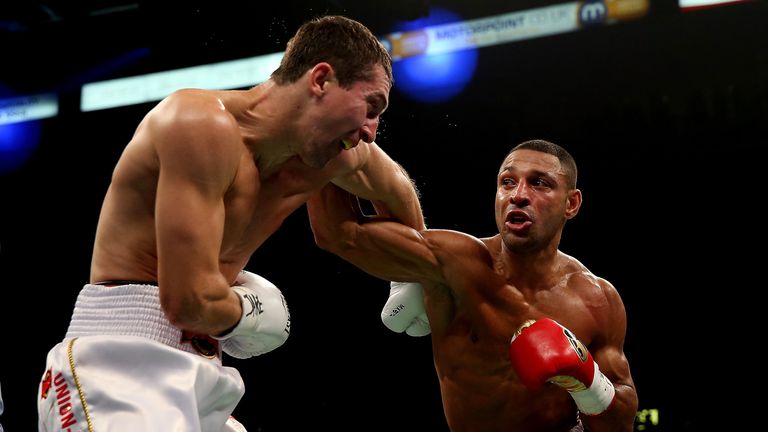 Kell Brook in action with Vyacheslav Senchenko during their final eliminator for the IBF Welterweight title at the Motorpoint Arena in Sheffield