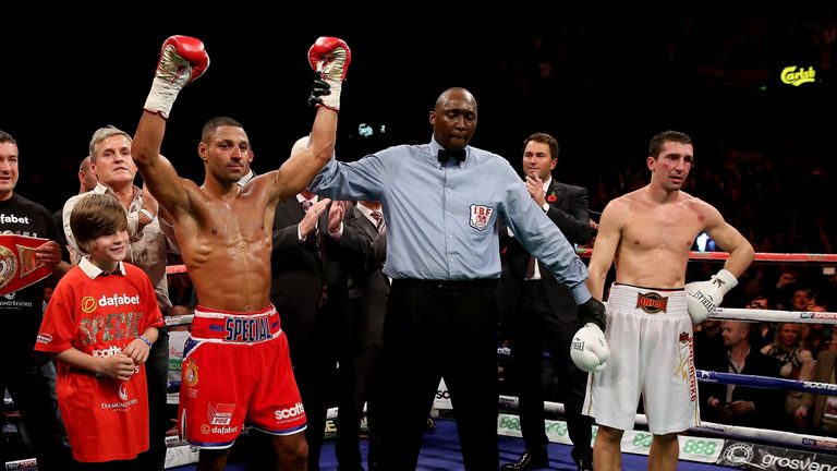 Kell Brook celebrates his victory over Vyacheslav Senchenko during their Final Eliminator for the IBF World Welterweight Championship bout at Motorpoint Arena