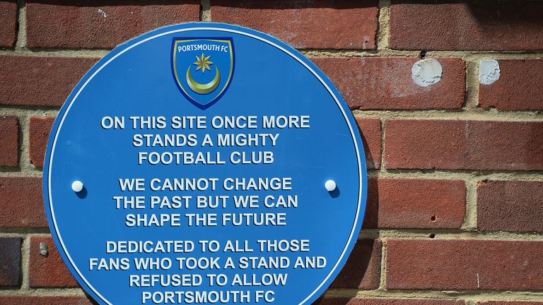 PORTSMOUTH, ENGLAND - AUGUST 03:  A new plaque on the wall of Fratton Park ahead of the Sky Bet League Two match between Portsmouth and Oxford United at Fratton Park on August 03, 2013 in Portsmouth, England, (Photo by Mike Hewitt/Getty Images)
