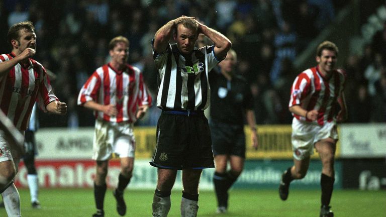 18 Nov 2000: A dejected Alan Shearer of Newcastle after having his penalty saved by Thomas Sorensen of Sunderland during the Premiership game between Newcastle United v Sunderland