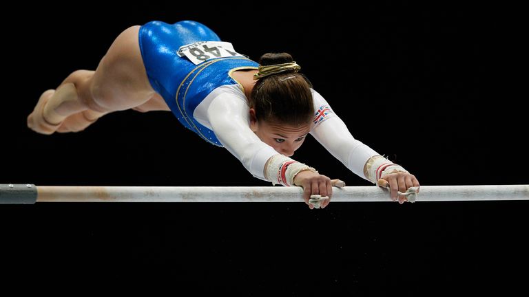 Ruby Harrold of Great Britain competes in the uneven bars at the Artistic Gymnastics World Championships