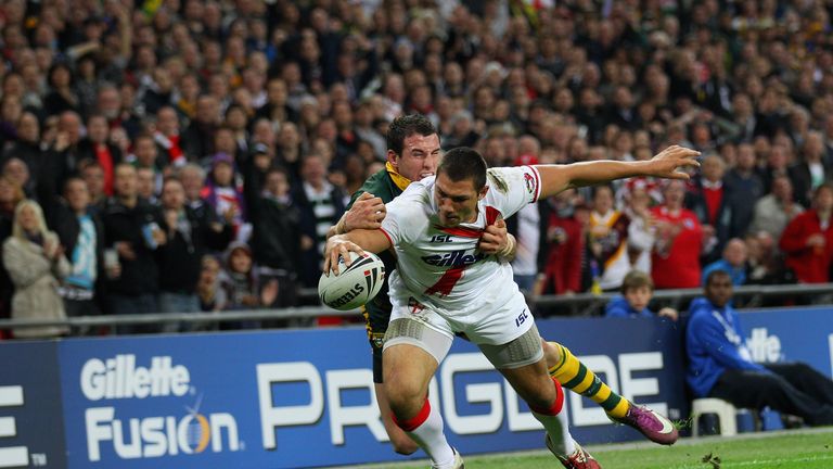Ryan Hall of England scores a try during the Four Nations match between England and Australia at Wembley Stadium on November 5, 2011 in London, United Kingdom. 