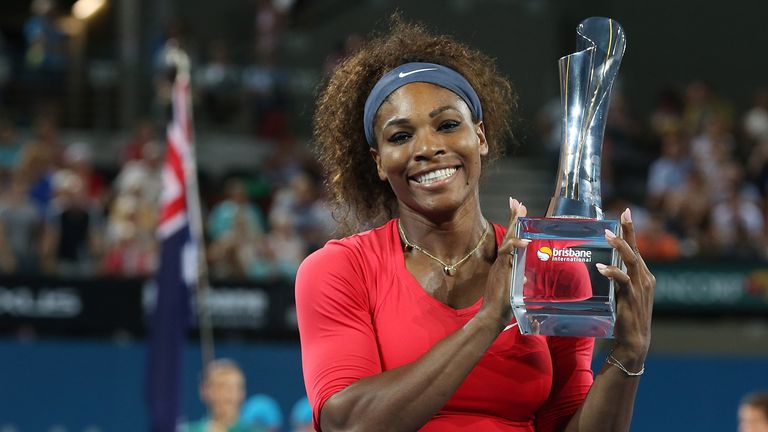 Serena Williams of the United States holds the winners trophy after winning her final match against Anastasia Pavlyuchenkova of Russia on day seven of the Brisbane International at Pat Rafter Arena on January 5, 2013 in Brisbane, Australia.