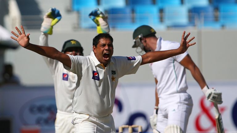 Pakistan bowler Zulfiqar Babar (C) celebrates the wicket of South African batsman Robin Peterson (R) of South Africa during the first day of the second Test match between Pakistan and South Africa in Dubai on October 23, 2013