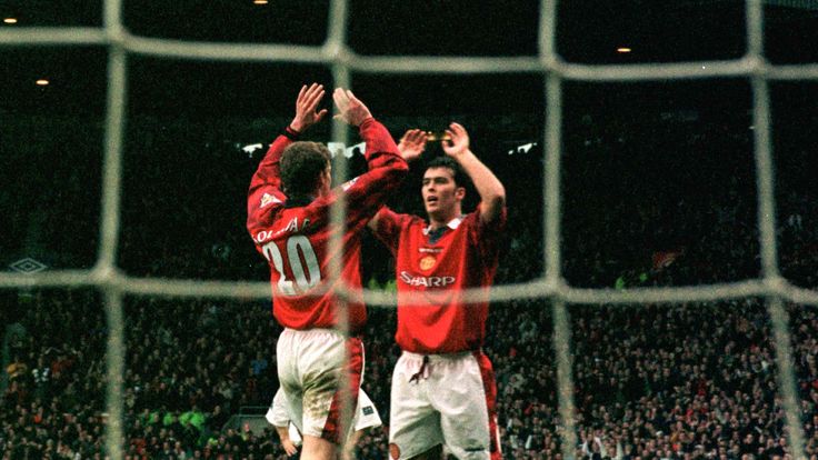 Thornley on the pitch for Manchester United, celebrating with Ole Gunnar Solskjaer