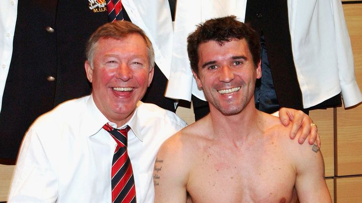 Sir Alex Ferguson and Roy Keane celebrate in the dressing room after winning the AXA FA Cup match between Manchester United and Arsenal at Villa Park on April 3, 2004 