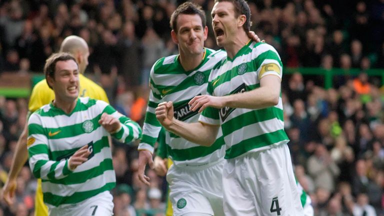Venegoor of Hesselink (centre) celebrates goal with Scott MacDonald and Stephen McManus