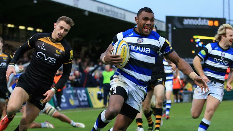 - Semesa Rokoduguni of Bath runs in to score a try during the Aviva Premiership match between London Wasps and Bath Rugby at Adams Park