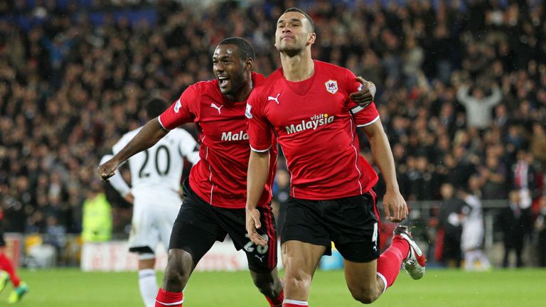 Cardiff Citys Steven Caulker right celebrates scoring with Kevin Theophile-Catherine 