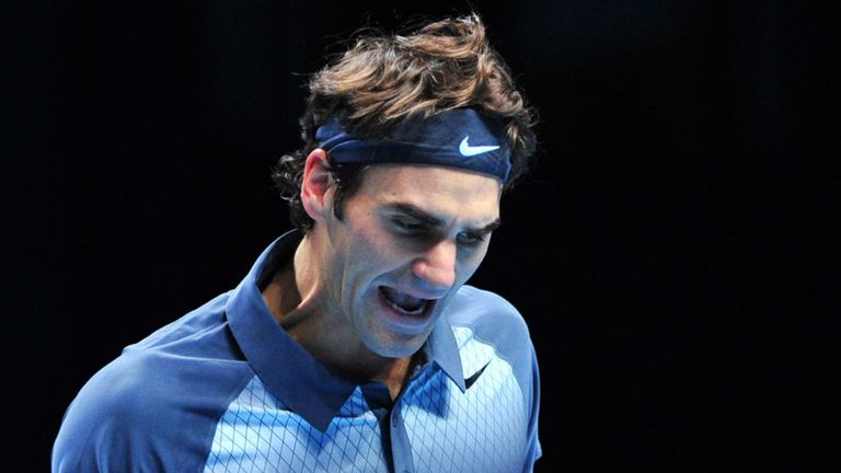 Switzerlands Roger Federer celebrates winning a point against Argentinas Juan Martin Del Potro