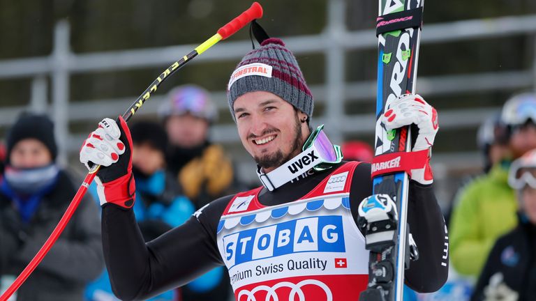 Dominik Paris of Italy after winning the Alpine Ski World Cup men's downhill in Lake Louise, Canada