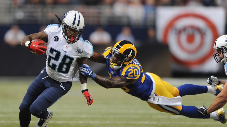 Chris Johnson #28 of the Tennessee Titans runs against the St. Louis Rams in the second quarter at the Edward Jones Dome on November 3, 2013 in St. Louis, Missouri