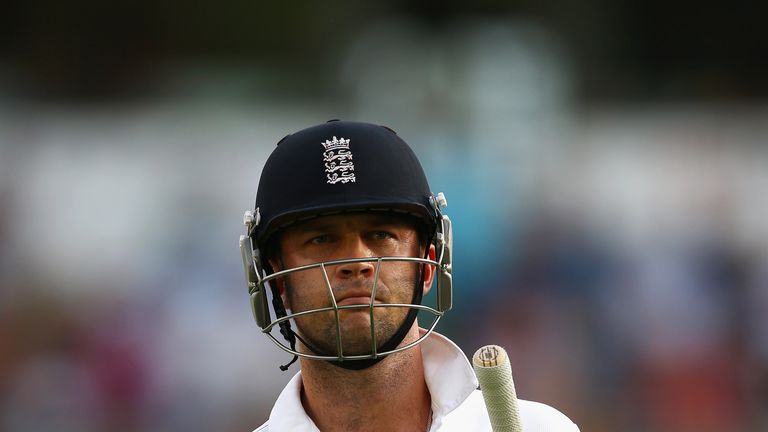 Jonathan Trott of England walks off the field after being dismissed by Mitchell Johnson of Australia during day three of the First Ashes Test match between Australia and England at The Gabba on November 23, 2013 in Brisbane, Australia