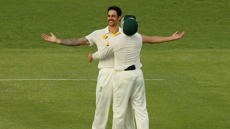 Mitchell Johnson of Australia celebrates after taking the wicket of James Anderson of England to claim victory during day four of the First Ashes Test match between Australia and England at The Gabba on November 24, 2013 in Brisbane, Australia