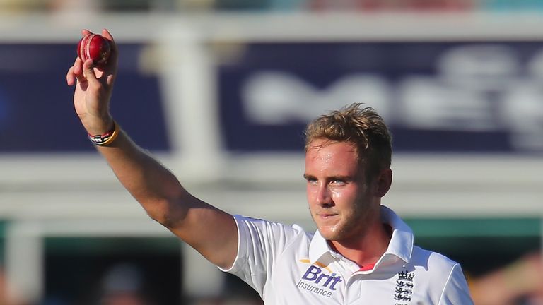  Stuart Broad of England celebrates after taking his fifth wicket after dismissing Mitchell Johnson of Australia during day one of the First Ashes Test match between Australia and England at The Gabba on November 21, 2013 in Brisbane, Australia