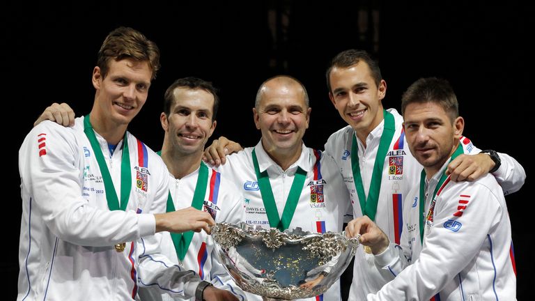 Tomas Berdych, Radek Stepanek team captain Vladimir Safarik, Lukas Rosol and Jan Hayek of Czech Republic hold the winners trophy aloft after a 3-2 victory against Serbia in the Davis Cup World Group Final