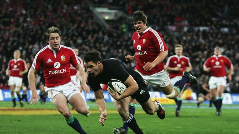 Dan Carter of the All Blacks goes over to score during the second test match between New Zealand All Blacks and British and Irish Lions at the Westpac Stadium on July 2, 2005 in Wellington, New Zealand.  