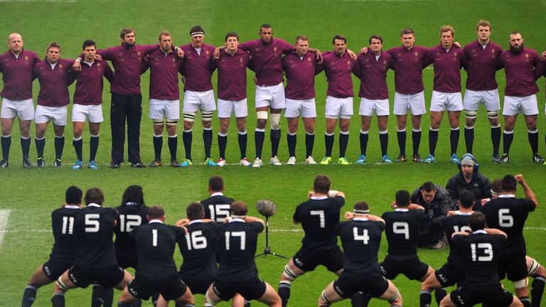 The England team line up to face the Haka during the QBE International match between England and New Zealand at Twickenham Stadium on November 16, 2013 in London, England.  