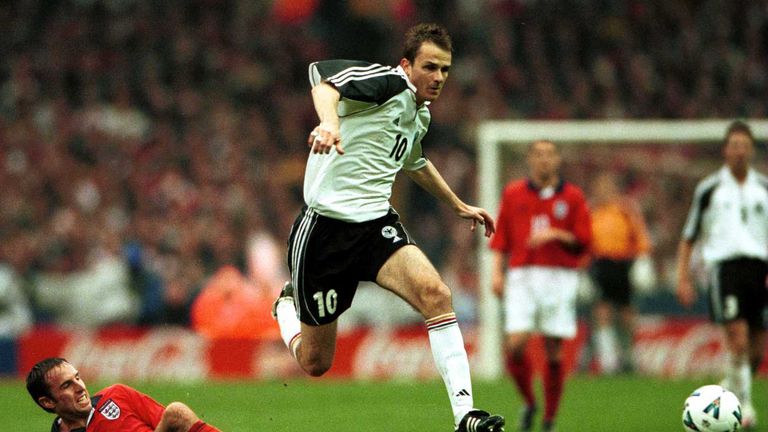 7 Oct 2000:  Dietmar Hamann of Germany jumps the tackle of Gareth Southgate of England during the match between England and Germany in the European Group Nine World Cup Qualifier at Wembley Stadium, London.  Mandatory Credit: Phil Cole/ALLSPORT