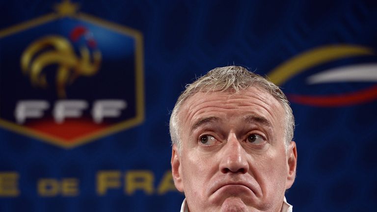 French national football team's coach Didier Deschamps reacts during a press conference on November 18, 2013, on the eve of the World Cup 2014 qualifying play-off football match against Ukraine, at the stade de France in Saint-Denis, north of Paris.  AFP PHOTO / FRANCK FIFE        (Photo credit should read FRANCK FIFE/AFP/Getty Images)