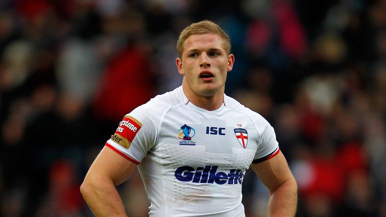George Burgess of England watches on during the Rugby League World Cup Group A match against Fiji at the KC Stadium